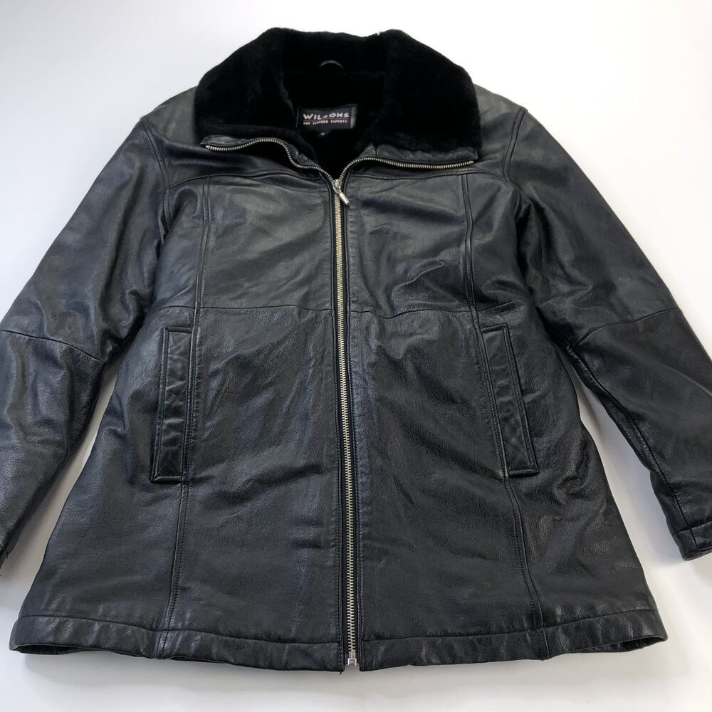 Wilsons Leather Womens MED 100% Leather Zip Fur Lined Bomber Jacket Black MINT